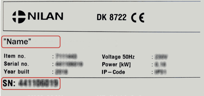 Nilan ventilationsanlæg typeplade
